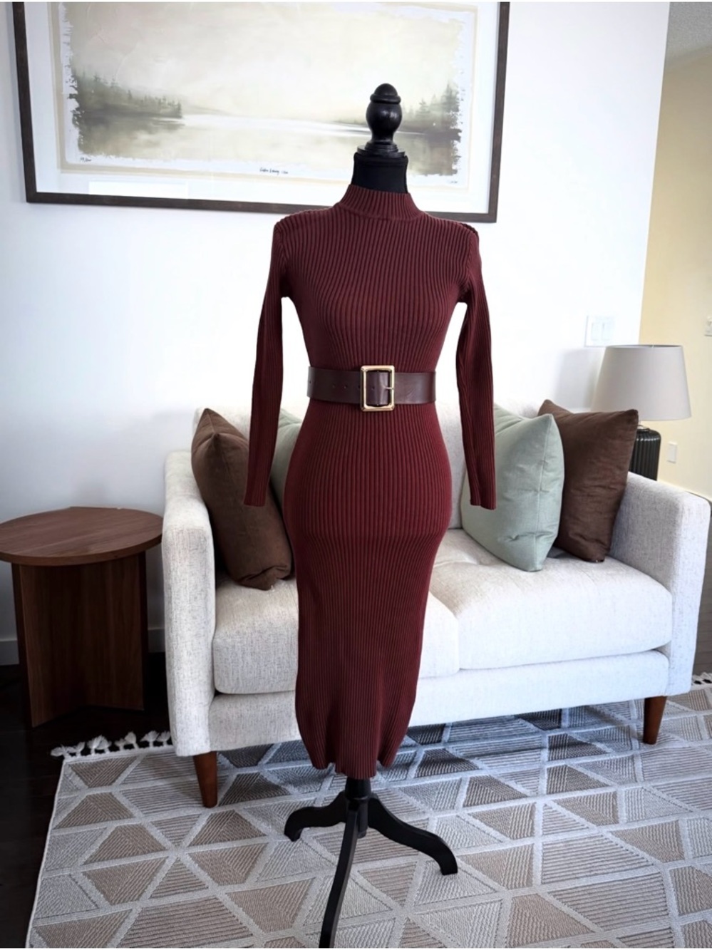 Ribbed Long-Sleeve Midi Dress in Burgundy
